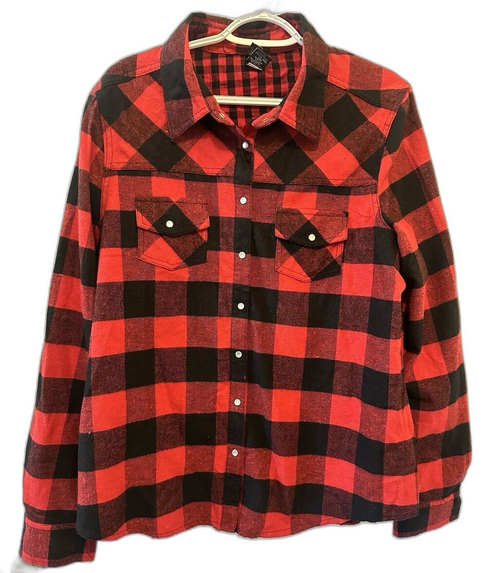 Urban Groove Women’s XL Buffalo Plaid Flannel Shirt Red Black Snap Front Pockets